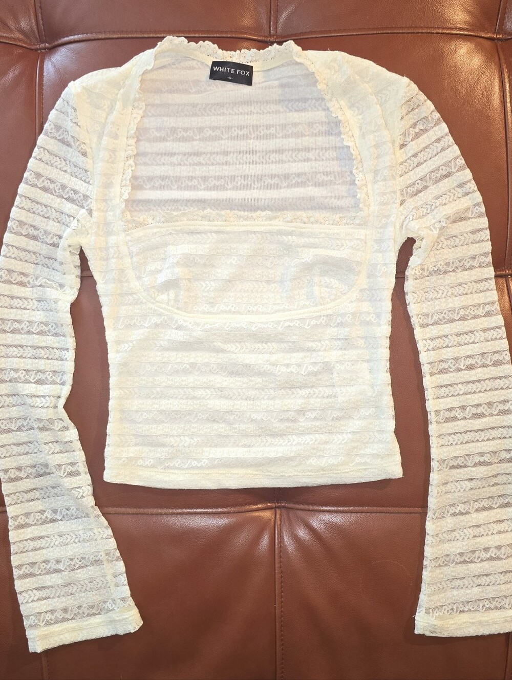 White Fox Soft Cream White Lace Long Bell Sleeve Sheer Top